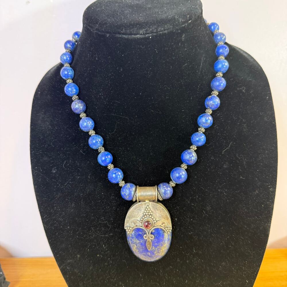 925 Sterling Silver Lapis Lazuli Garnet Statement Necklace Artisan Pendant
